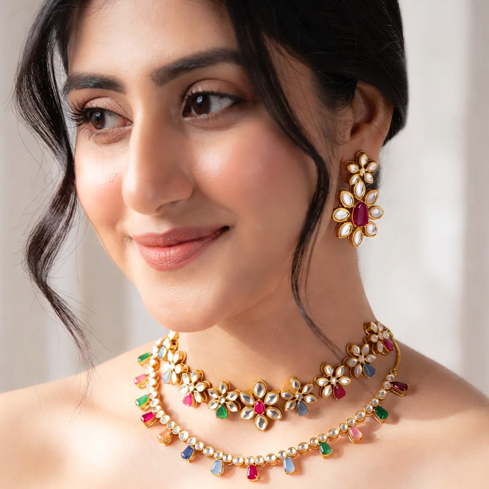 Regal Kundan Meenakari Pendant Set – Necklace & Earrings