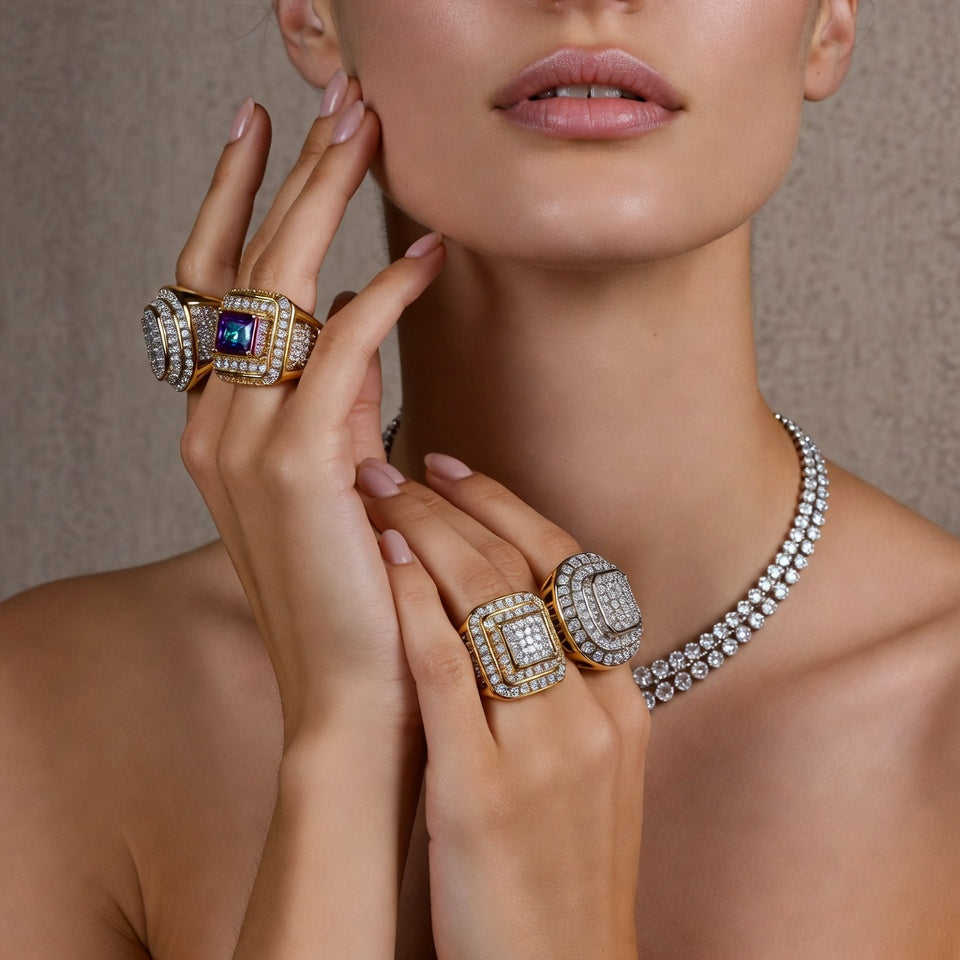 Luxe Gold & Diamond-Inspired Modern Jewellery Set – Rings, Bracelets & Chain