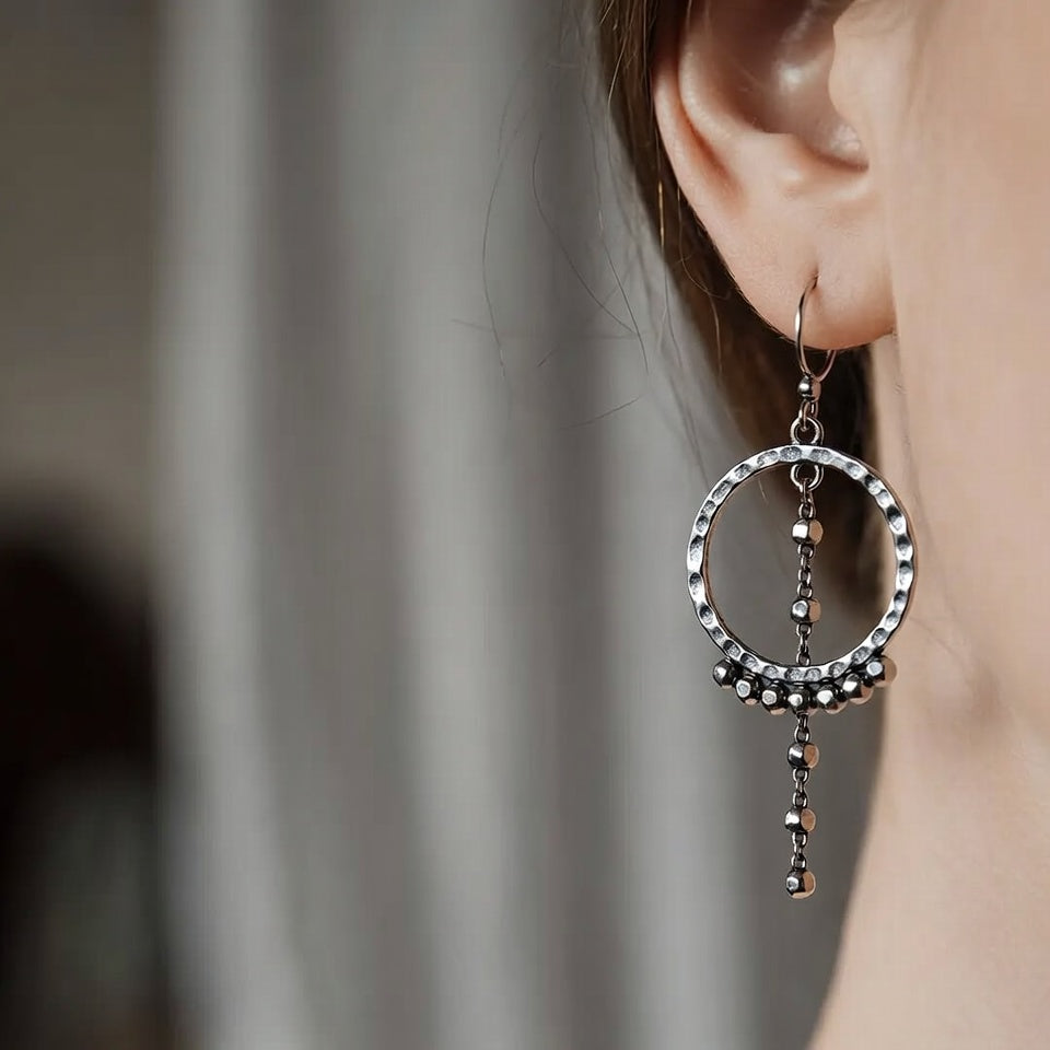 Silver Hoop Dangle Earrings with Beaded Accents