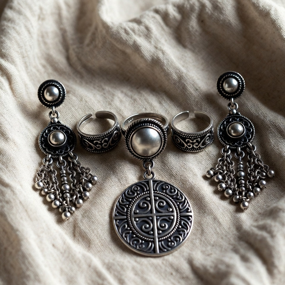 Boho Tribal Silver Oxidised Jewellery Set – Rings, Earrings & Pendant